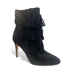 Via Spiga Boots Womens 7 Ankle Bootie Black Suede Fringe Almond Toe Stiletto NEW